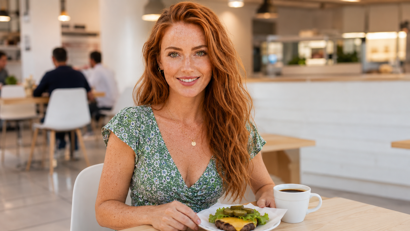 Woman confidently eating a bunless burger and black coffee at a modern restaurant looking directly at camera representing how to order keto fast food options and stay in ketosis when eating out