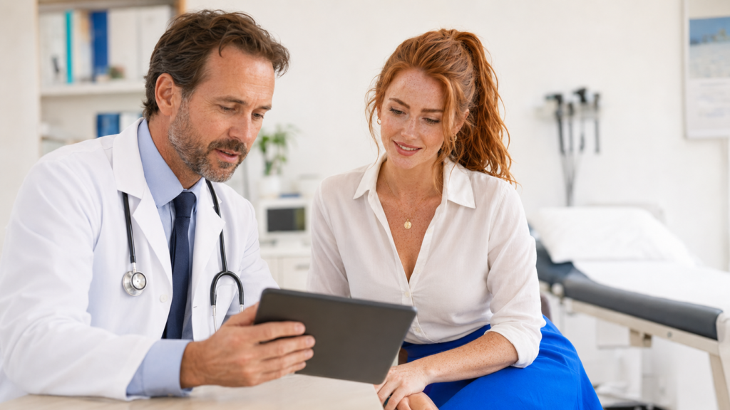 Woman at a GP consultation reviewing cholesterol blood test results representing the monitoring approach for keto diet LDL cholesterol and cardiovascular risk assessment on a ketogenic diet
