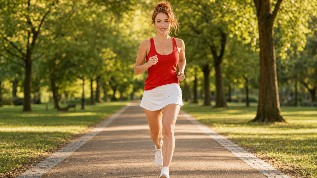 Woman running comfortably along a tree-lined park path representing cardio on keto diet and how fat adaptation supports aerobic exercise performance on a ketogenic diet