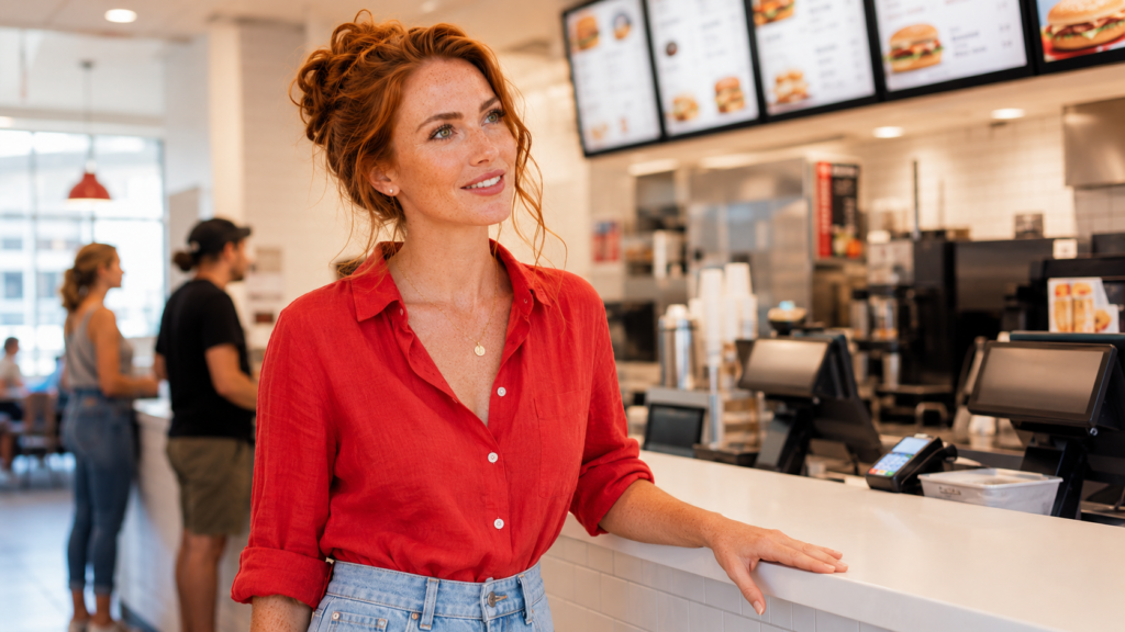 Woman confidently ordering at a fast food counter representing the universal rules for placing a low carb fast food order keto and customising any meal to stay in ketosis