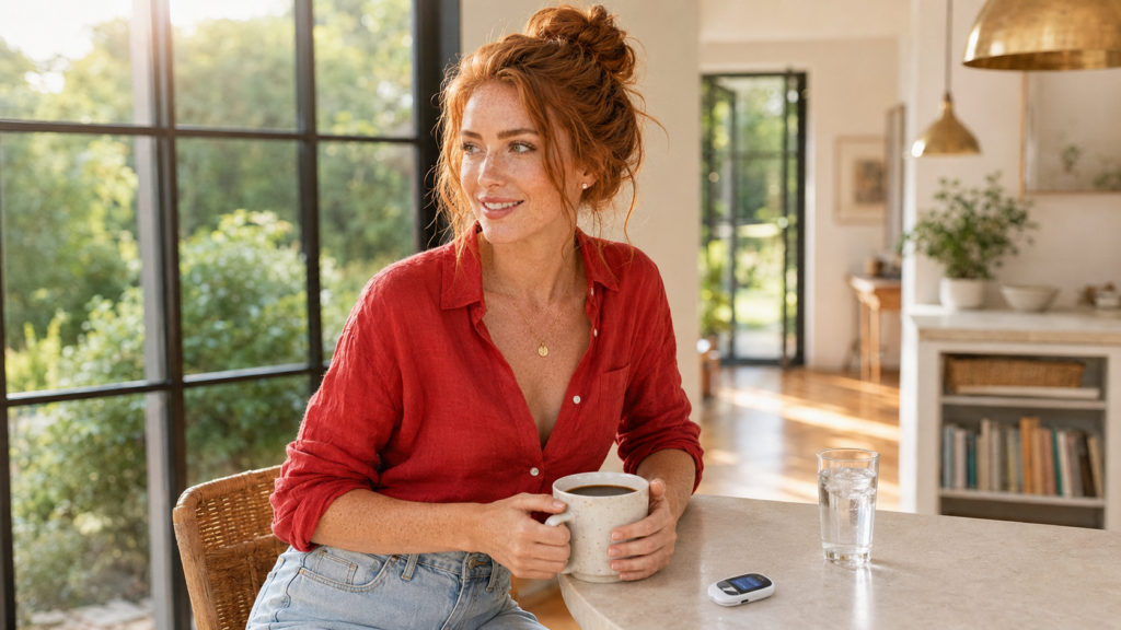 Woman calmly in her morning fasting window with black coffee and a blood ketone meter at a bright British home kitchen island representing the keto and 16:8 fasting combined approach and how intermittent fasting deepens ketosis on a ketogenic diet