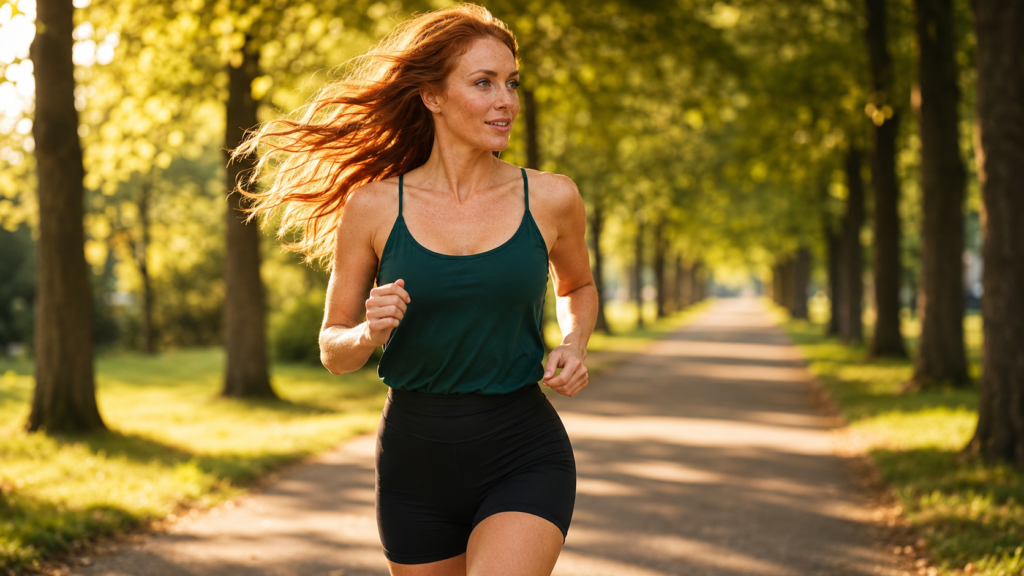 Woman jogging along a tree-lined park path representing the cardiovascular health benefits and reduced cardiovascular risk achievable through a keto diet and active lifestyle combination

