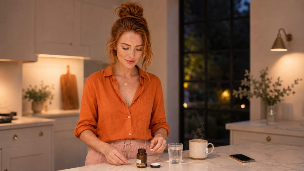 Woman at a British home kitchen counter in the evening with magnesium glycinate capsules chamomile tea and a glass of water showing how to fix keto insomnia and low carb diet sleep problems through electrolyte support and sleep preparation
