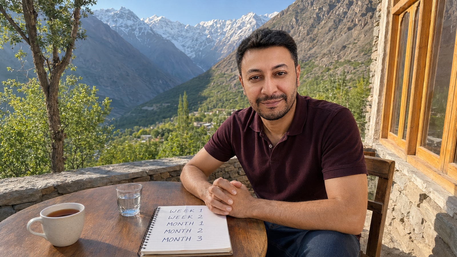 Shahbaz Ahmed founder of KetoFramework in a burgundy polo shirt sitting outdoors at his Gilgit-Baltistan morning table with a handwritten intermittent fasting results timeline notepad and a cup of black tea looking directly at camera with a warm confident smile representing intermittent fasting results and what to realistically expect week by week