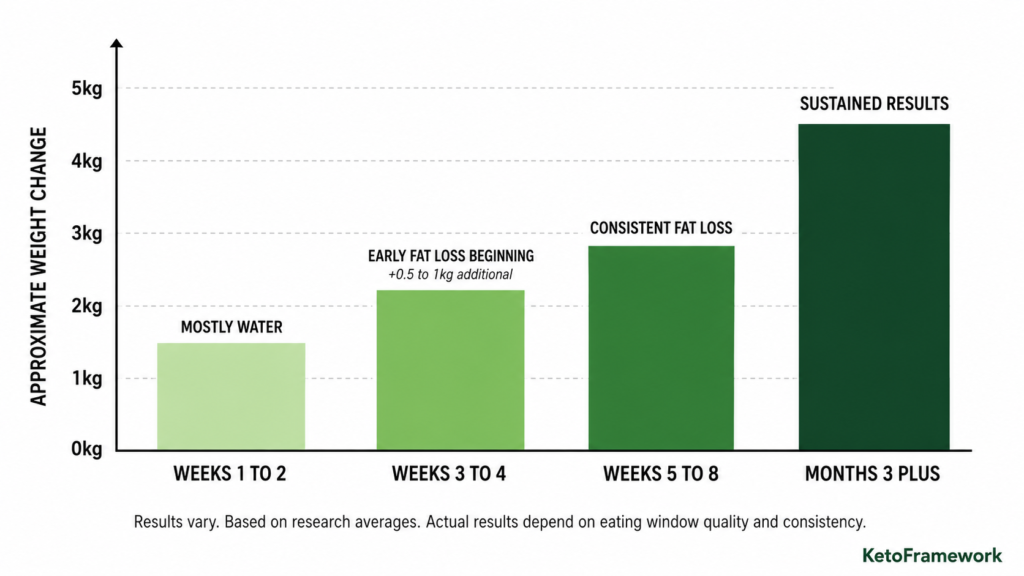 Clean bar chart showing realistic intermittent fasting weight loss results over time from mostly water loss in weeks one to two through early fat loss in weeks three to four consistent fat loss in weeks five to eight and sustained results after month three representing how much weight you can realistically lose with intermittent fasting