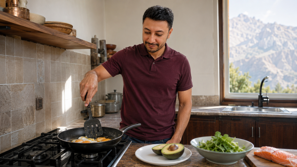 Shahbaz Ahmed founder of KetoFramework in a burgundy polo shirt at his Gilgit-Baltistan kitchen hob cooking eggs in butter with a halved avocado leafy greens dressed with olive oil and a salmon fillet ready to plate representing what to eat on intermittent fasting and the first meal of the eating window