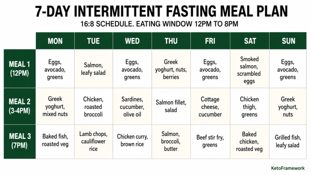 Clean 7-day intermittent fasting weekly meal plan grid showing three meals per day from Monday to Sunday on a 16:8 eating window from 12pm to 8pm including eggs avocado salmon chicken and leafy greens representing the complete IF weekly meal plan for weight loss
