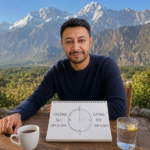 Shahbaz Ahmed founder of KetoFramework in a dark navy crew neck sitting outdoors at his Gilgit-Baltistan morning table with a hand-drawn 16:8 intermittent fasting schedule notepad showing fasting 16 hours and eating 8 hours with a cup of black tea smiling directly at camera