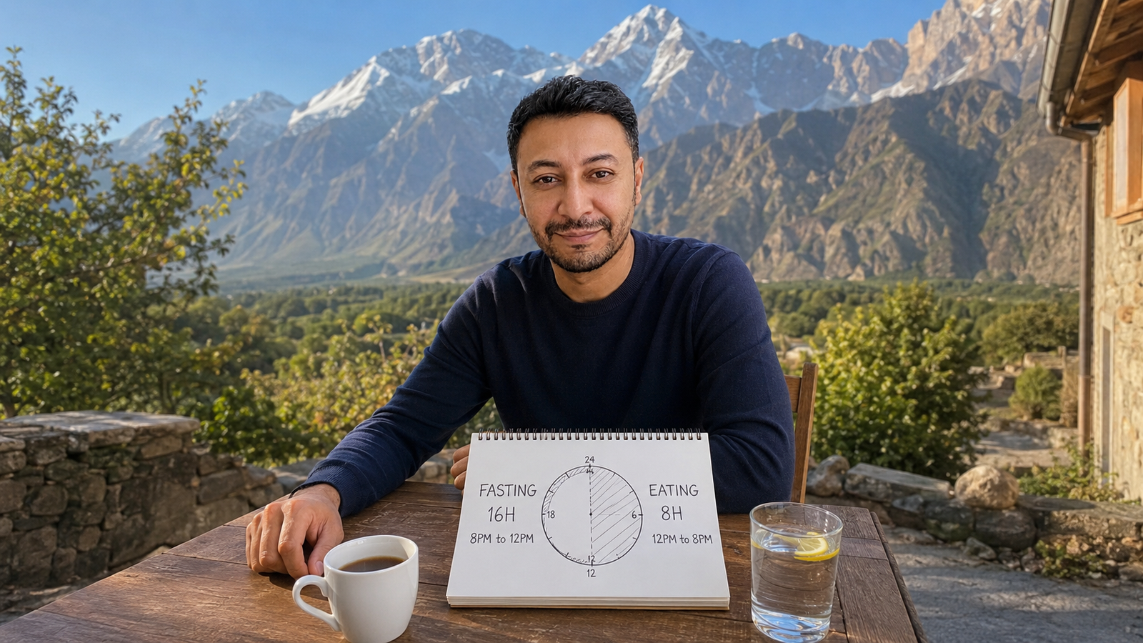 Shahbaz Ahmed founder of KetoFramework in a dark navy crew neck sitting outdoors at his Gilgit-Baltistan morning table with a hand-drawn 16:8 intermittent fasting schedule notepad showing fasting 16 hours and eating 8 hours with a cup of black tea smiling directly at camera