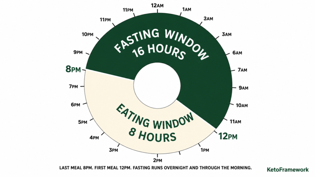 Clean 24-hour circular clock diagram showing the 16:8 intermittent fasting schedule with a 16-hour fasting window in deep green from 8pm to 12pm and an 8-hour eating window in warm ivory from 12pm to 8pm representing what is 16:8 intermittent fasting and how the daily fasting schedule works