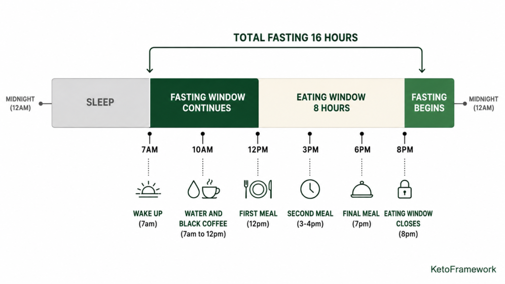 Clean 24-hour daily timeline showing the 16:8 fasting schedule with sleep from 11pm to 7am fasting continuing to 12pm an 8-hour eating window from 12pm to 8pm with key meal times including first meal at 12pm second meal at 3pm and final meal at 7pm representing the complete 16:8 intermittent fasting daily schedule