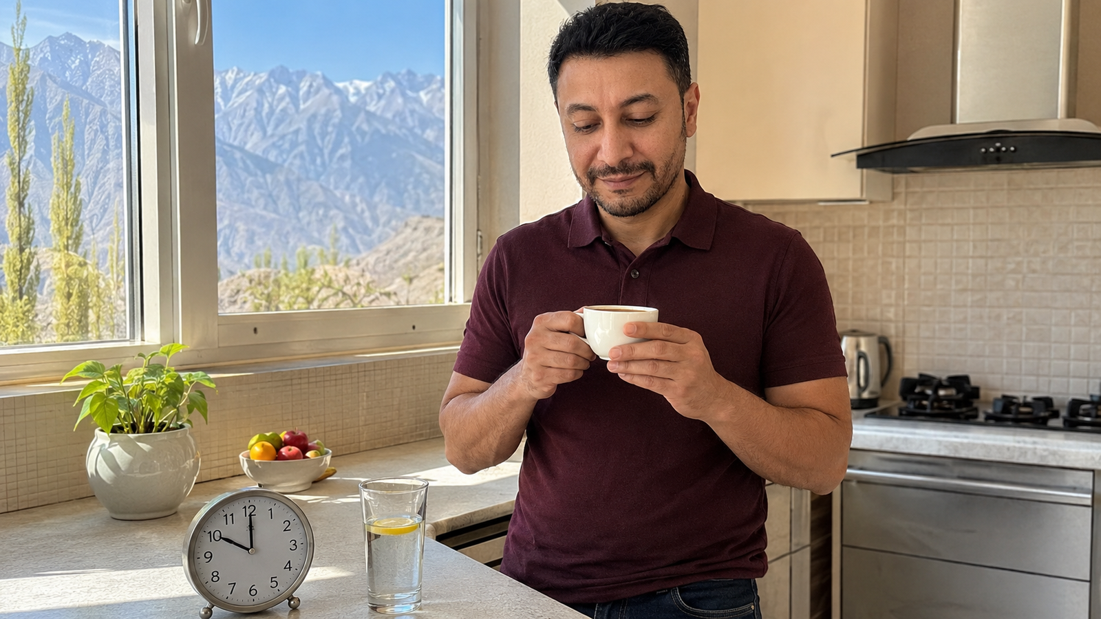Shahbaz Ahmed founder of KetoFramework in a dark teal crew neck sitting outdoors at his Gilgit-Baltistan afternoon table with a hand-drawn 18:6 intermittent fasting schedule notepad showing fasting 18 hours and eating 6 hours with a cup of black tea looking directly at camera with a warm confident smile representing 18:6 intermittent fasting and how it differs from 16:8