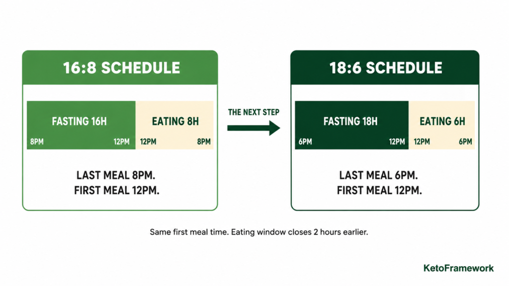 Clean two-panel side-by-side comparison infographic showing 18:6 vs 16:8 intermittent fasting with the 16:8 schedule showing an 8-hour eating window from 12pm to 8pm and the 18:6 schedule showing a 6-hour eating window from 12pm to 6pm representing the key difference between 18:6 and 16:8 intermittent fasting schedules