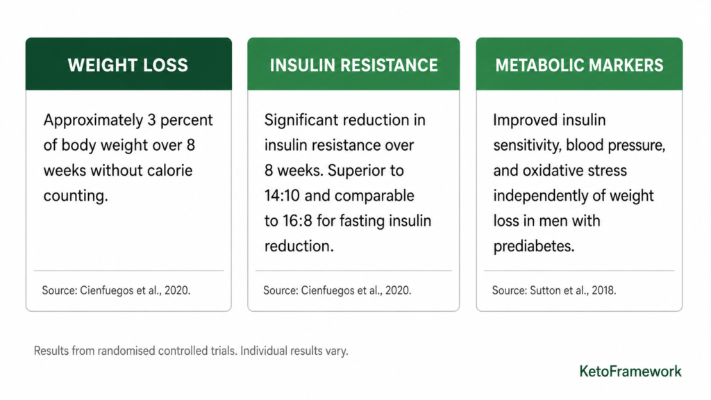 Clean three-column infographic showing 18:6 fasting results from peer-reviewed research including approximately 3 percent weight loss over 8 weeks reduced insulin resistance and improved metabolic markers including insulin sensitivity blood pressure and oxidative stress representing what the research shows about 18:6 intermittent fasting results
