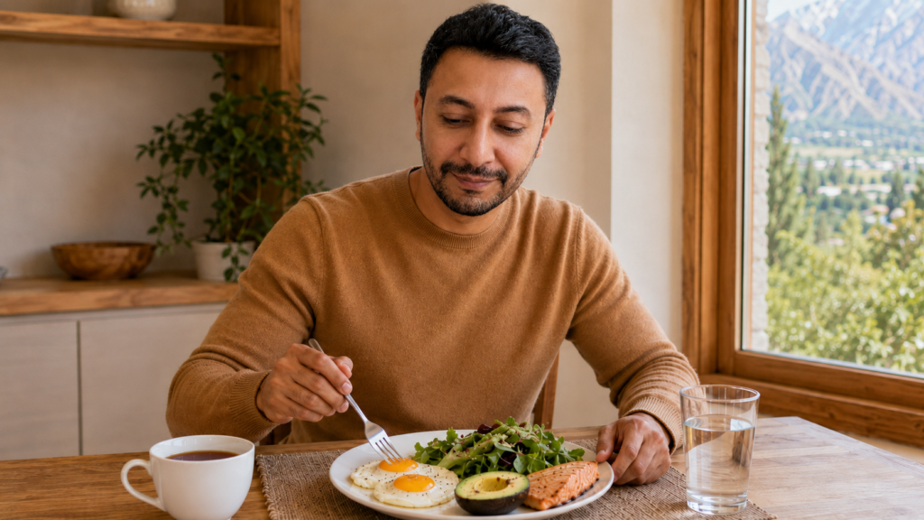 Shahbaz Ahmed founder of KetoFramework in a camel knit jumper at his Gilgit-Baltistan dining table at the opening of his 18:6 eating window looking down at his first meal including eggs avocado leafy greens and salmon with a calm settled absorbed expression representing how to do 18:6 fasting and the first meal of the eating window
