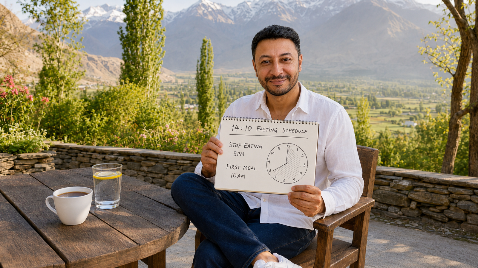Shahbaz Ahmed founder of KetoFramework in a white shirt sitting outdoors at his Gilgit-Baltistan morning table holding a handwritten 14:10 fasting schedule notepad showing stop eating 8pm and first meal 10am looking directly at camera with a warm encouraging smile representing 14:10 intermittent fasting and why it is the gentlest starting protocol for IF beginners