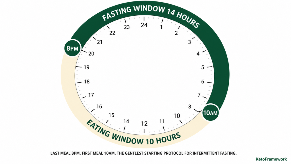 Clean 24-hour circular clock diagram showing the 14:10 intermittent fasting schedule with a 14-hour fasting window in deep green from 8pm to 10am and a 10-hour eating window in warm ivory from 10am to 8pm representing what is 14:10 intermittent fasting and the gentlest starting protocol for IF beginners