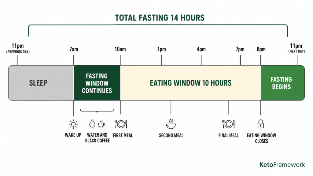 Clean 24-hour daily timeline showing the 14:10 fasting schedule with sleep from 11pm to 7am fasting continuing to 10am a 10-hour eating window from 10am to 8pm and the fasting window beginning again at 8pm representing what a 14:10 intermittent fasting daily schedule looks like across a full day
 
