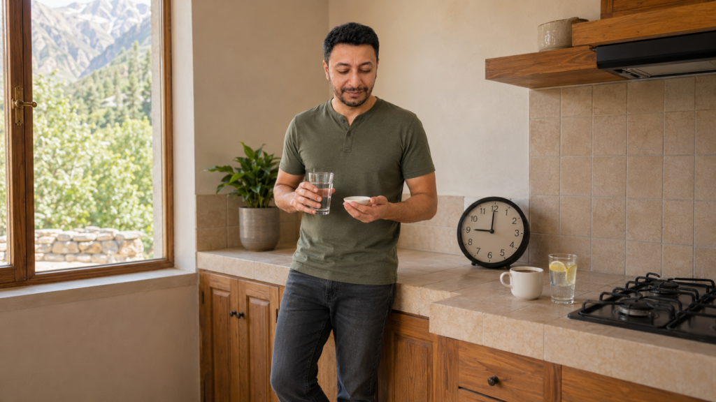 Shahbaz Ahmed founder of KetoFramework in an olive henley at his Gilgit-Baltistan kitchen counter holding a glass of water and a small pinch dish of sea salt during his 14:10 fasting window at 9am representing the electrolyte fix that makes 14:10 intermittent fasting for beginners manageable in week one
