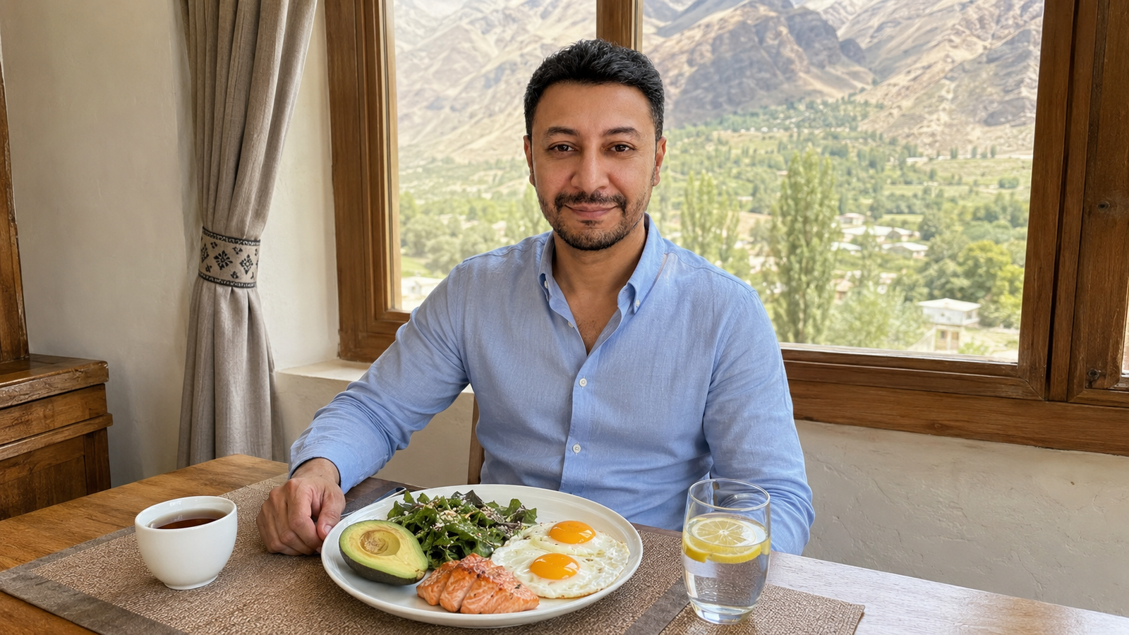 Shahbaz Ahmed founder of KetoFramework in a light blue shirt sitting at his Gilgit-Baltistan dining table with his first meal of the intermittent fasting eating window including eggs avocado leafy greens and salmon looking directly at camera with a warm satisfied smile representing how to break a fast and the best first meal after intermittent fasting