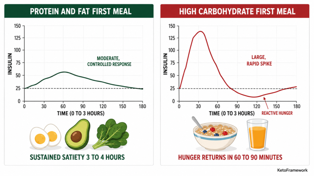 Clean two-panel infographic comparing the insulin response to breaking a fast with a protein and fat forward first meal showing a moderate controlled response and sustained satiety versus a high carbohydrate first meal showing a large rapid spike and reactive hunger representing why the best food to break a fast matters for intermittent fasting results
