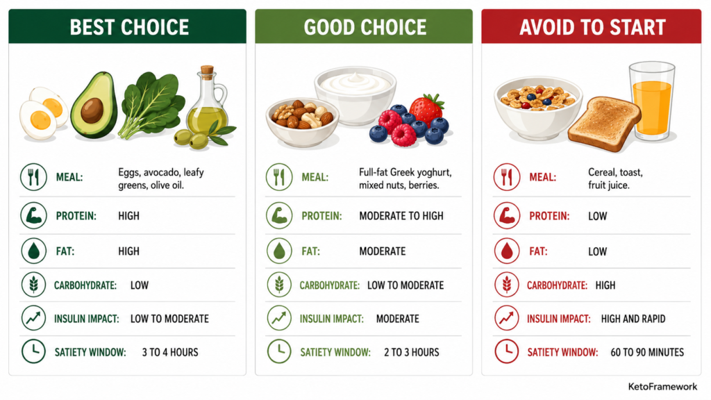 Clean three-column comparison infographic showing the best food to break a fast including eggs avocado and leafy greens as best choice full-fat yoghurt nuts and berries as good choice and cereal toast and fruit juice as what to avoid representing the first meal after fasting options and their insulin impact