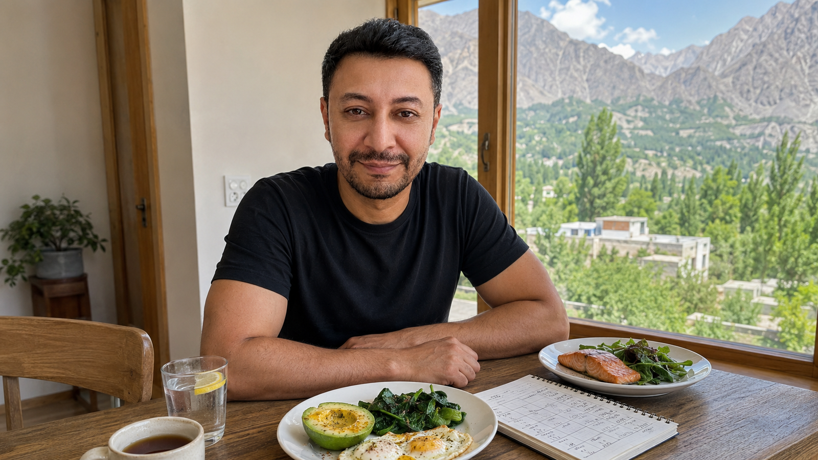 Shahbaz Ahmed founder of KetoFramework in a black crew neck at his Gilgit-Baltistan dining table with a two-meal eating window spread including eggs avocado salmon and leafy greens and a weekly meal plan notepad smiling directly at camera representing the intermittent fasting meal plan and what to eat on intermittent fasting every day
