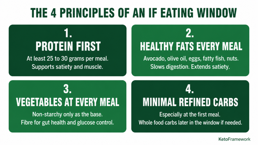 Clean 2x2 grid infographic showing the four principles of an intermittent fasting food plan including protein first healthy fats every meal vegetables at every meal and minimal refined carbs representing the foundations of what to eat on intermittent fasting for weight loss and metabolic health