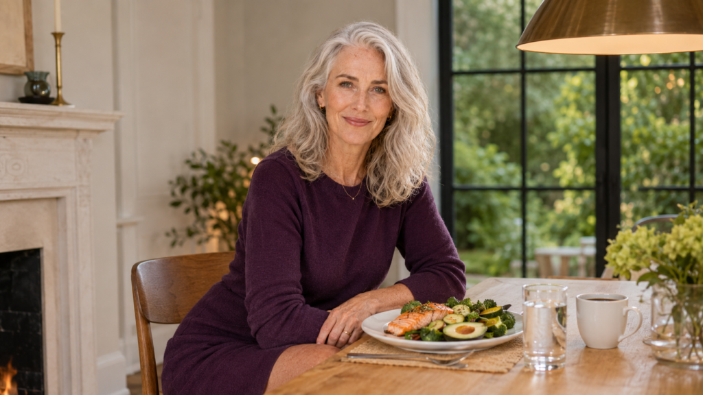 A naturally beautiful confident 55-year-old woman in a deep plum knit midi dress at a British home dining table with a balanced whole food meal of salmon avocado and vegetables smiling directly at camera representing intermittent fasting for women over 40 and how to approach fasting sustainably after hormonal changes