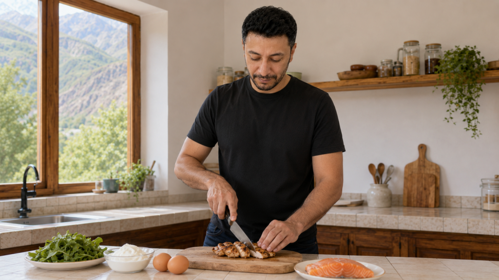 Shahbaz Ahmed founder of KetoFramework in a black crew neck t-shirt at his Gilgit-Baltistan kitchen counter slicing a grilled chicken thigh on a wooden board surrounded by eggs salmon and full-fat yoghurt representing step three of a keto diet plan to maintain moderate protein intake