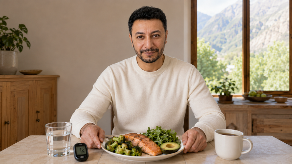 Shahbaz Ahmed founder of KetoFramework in an off-white knit jumper at his Gilgit-Baltistan dining table with a complete keto meal of salmon broccoli and avocado and a blood ketone meter beside the plate smiling directly at camera representing how to build a simple keto meal plan
