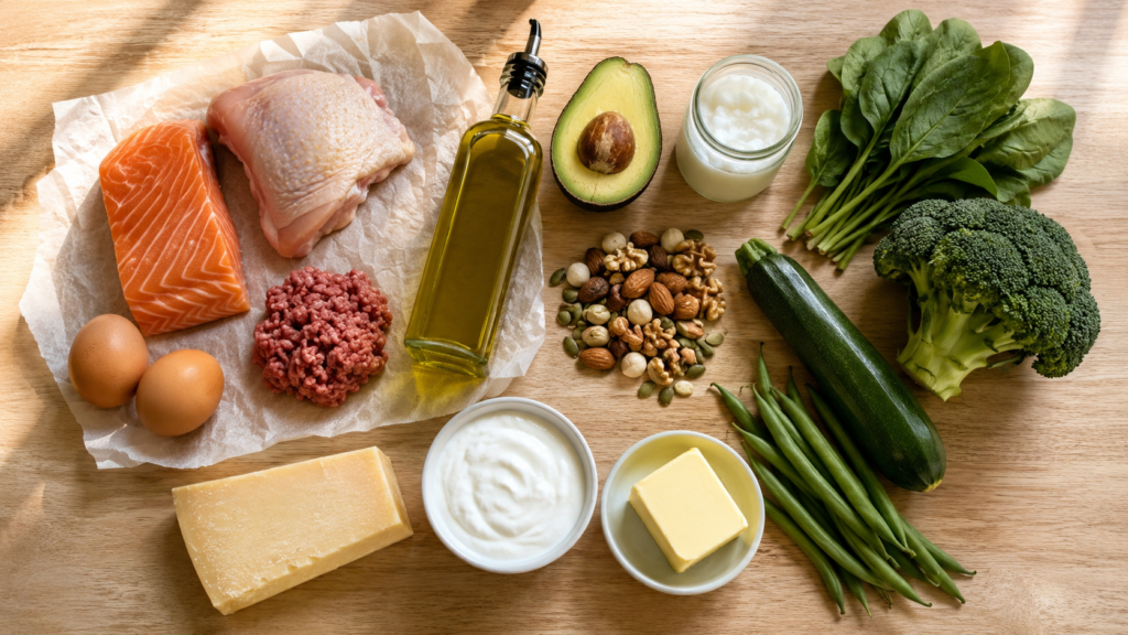 Overhead flat lay of keto grocery staples arranged in groups including eggs salmon chicken avocado olive oil mixed nuts spinach broccoli cheese and full-fat Greek yoghurt on a warm wooden surface representing what to buy for a structured keto diet plan
