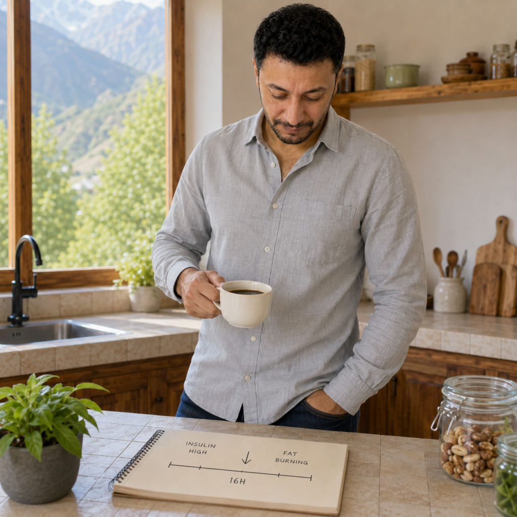 Shahbaz Ahmed founder of KetoFramework in a pale grey shirt at his Gilgit-Baltistan kitchen counter holding a black coffee and looking down at a hand-drawn fasting window insulin timeline on a notepad representing how intermittent fasting works by lowering insulin and supporting fat burning