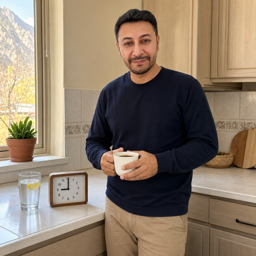 Shahbaz Ahmed founder of KetoFramework in a dark navy crew neck at his Gilgit-Baltistan kitchen counter holding a white ceramic cup of black tea in both hands during his morning fasting window looking directly at camera with a calm settled smile representing the 14:10 intermittent fasting schedule for beginners
