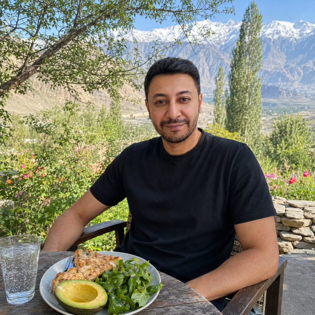 Shahbaz Ahmed founder of KetoFramework in a black crew neck sitting at his Gilgit-Baltistan outdoor table with his first meal of the 18:6 eating window including grilled chicken avocado and leafy greens smiling directly at camera representing how to transition from 14:10 fasting to 18:6 intermittent fasting