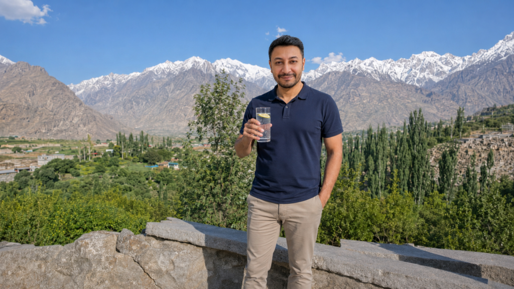 Baltistan mountain landscape holding a glass of sparkling water with lemon looking directly at camera with a broad energetic smile representing the benefits of intermittent fasting including fat loss stable energy improved insulin sensitivity and metabolic flexibility