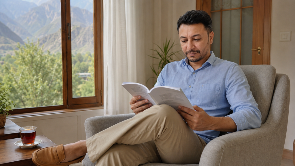 Shahbaz Ahmed founder of KetoFramework in a light blue shirt sitting in his Gilgit-Baltistan home reading a document carefully with a thoughtful focused expression representing who should avoid intermittent fasting and the important safety considerations before starting an intermittent fasting diet plan