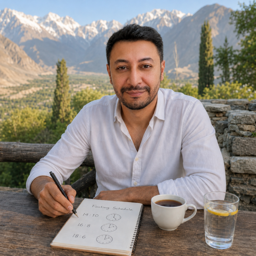 Shahbaz Ahmed founder of KetoFramework in a white shirt sitting outdoors at his Gilgit-Baltistan table with a notepad showing 14:10 16:8 and 18:6 fasting window schedules and a cup of black tea smiling directly at camera representing what is the intermittent fasting diet and how it works as an eating schedule