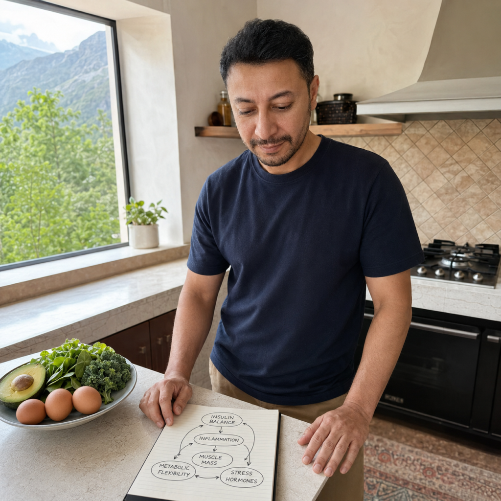Shahbaz Ahmed founder of KetoFramework in a dark navy crew neck at his Gilgit-Baltistan kitchen counter looking down at a hand-drawn metabolic health framework diagram showing insulin balance inflammation muscle mass and metabolic flexibility with a whole food meal beside him