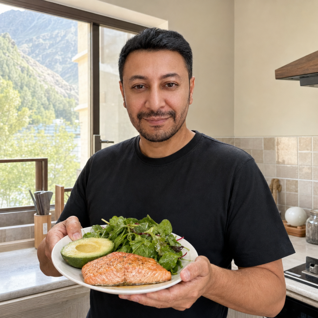 Shahbaz Ahmed founder of KetoFramework in a black crew neck at his Gilgit-Baltistan kitchen counter holding a white plate with salmon avocado and leafy greens looking directly at camera with a calm satisfied smile representing step one of a metabolic health diet plan to stabilise blood sugar through balanced macronutrient meals