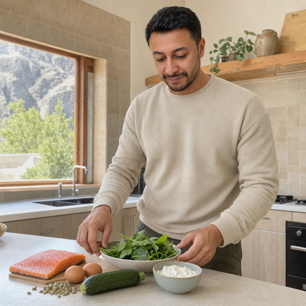 Shahbaz Ahmed founder of KetoFramework in an off-white knit jumper at his Gilgit-Baltistan kitchen counter arranging whole foods including salmon eggs spinach seeds and Greek yoghurt representing step two of a metabolic health diet plan to prioritise protein and fibre for insulin sensitivity and gut health