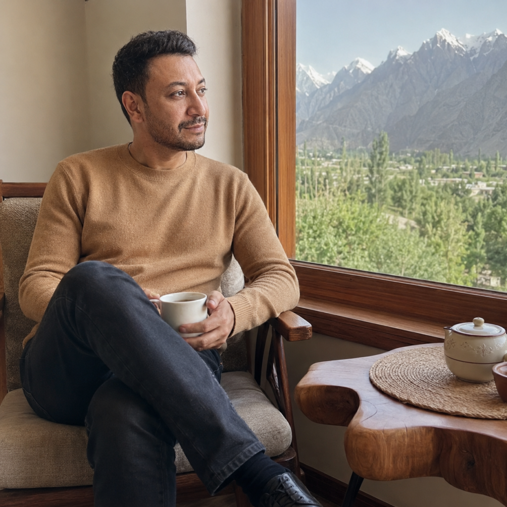 Shahbaz Ahmed founder of KetoFramework in a camel fine knit jumper sitting beside a window at his Gilgit-Baltistan home holding a cup of herbal tea and looking at the mountain landscape in a quiet restful moment representing the importance of sleep and stress management for metabolic health and hormonal balance
