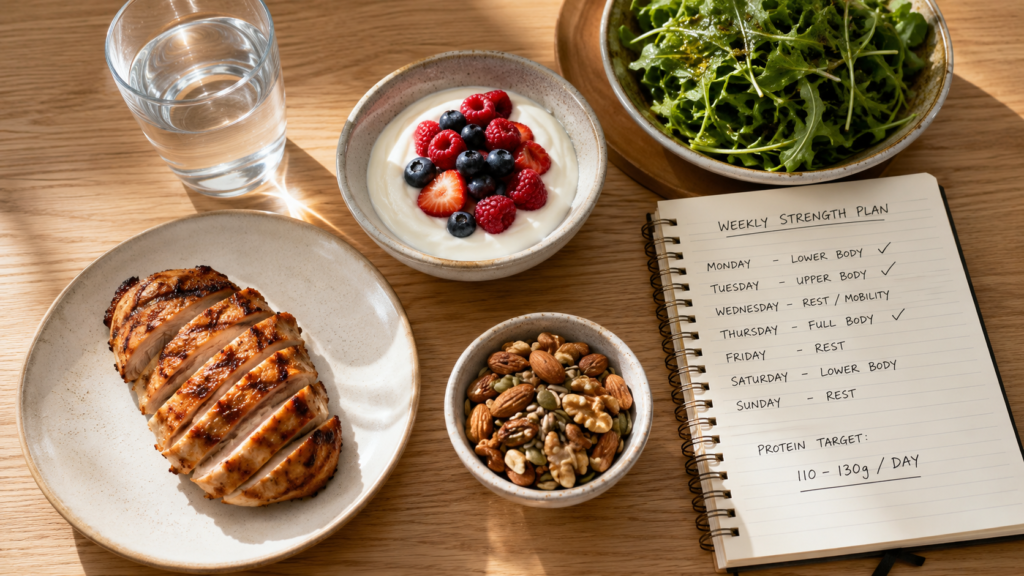 Overhead flat lay of a balanced protein-rich whole food meal including grilled chicken Greek yoghurt berries leafy greens and mixed nuts beside a weekly strength training schedule notepad representing the metabolic health diet plan for women over 40 and the importance of protein and resistance training