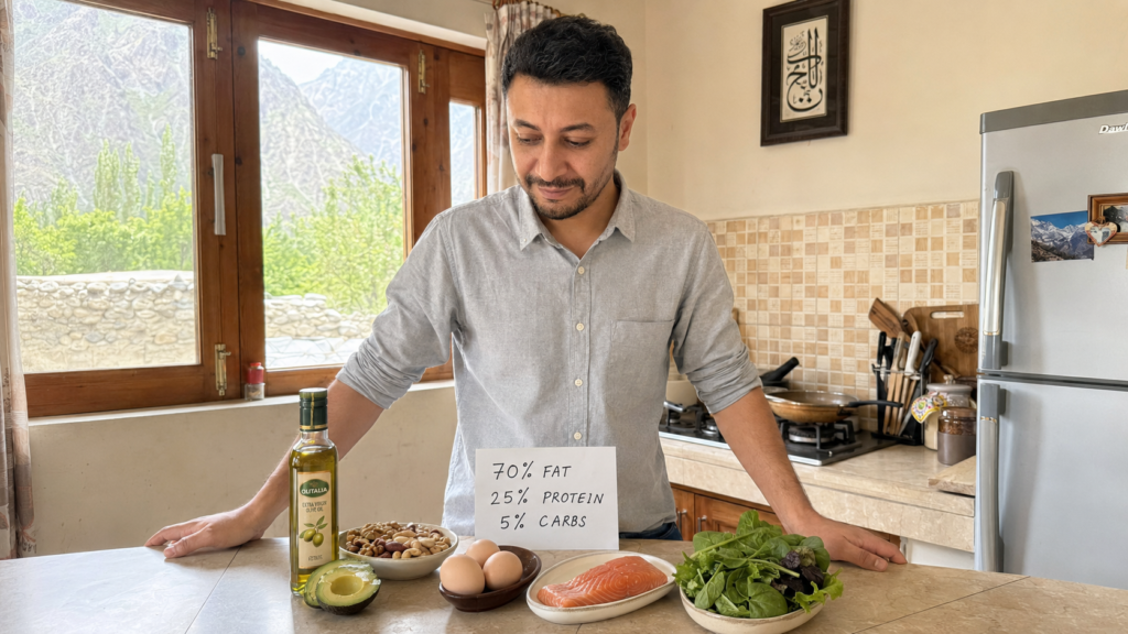 Shahbaz Ahmed founder of KetoFramework in a pale grey shirt at his Gilgit-Baltistan home kitchen counter looking down at a keto macronutrient food groups flat lay with eggs salmon avocado and a macro split card representing what is the keto diet and how the macro split triggers ketosis