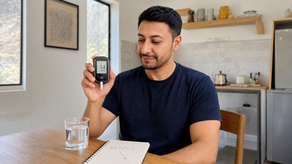 Shahbaz Ahmed founder of KetoFramework in a dark navy crew neck at his Gilgit-Baltistan kitchen table holding a blood ketone meter showing a 1.4 mmol reading with a calm focused expression representing how ketosis works through glycogen depletion insulin reduction and the liver converting stored fat into ketones