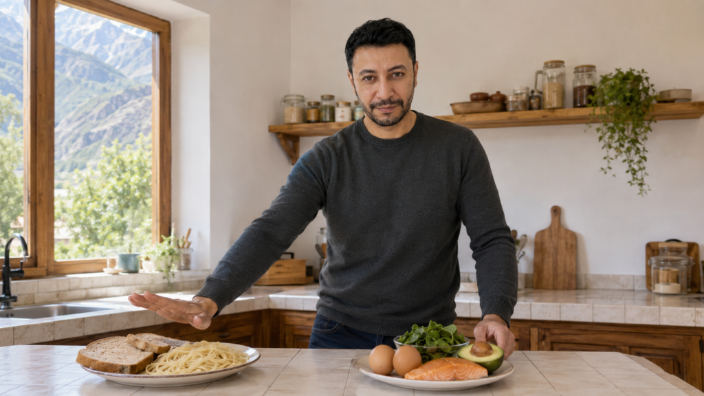 Shahbaz Ahmed founder of KetoFramework in a dark grey fine knit jumper at his Gilgit-Baltistan kitchen counter pushing a plate of bread and pasta to the side with eggs avocado and salmon in the foreground representing step one of a keto diet plan to reduce carbohydrates to 20 to 50 grams of net carbs per day