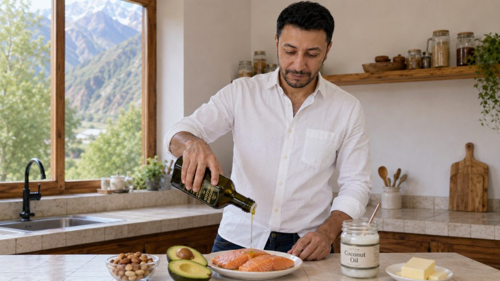 Shahbaz Ahmed founder of KetoFramework in a white shirt at his Gilgit-Baltistan kitchen counter drizzling olive oil over a salmon fillet surrounded by avocado mixed nuts coconut oil and butter representing step two of a keto diet plan to increase healthy fat intake for ketosis