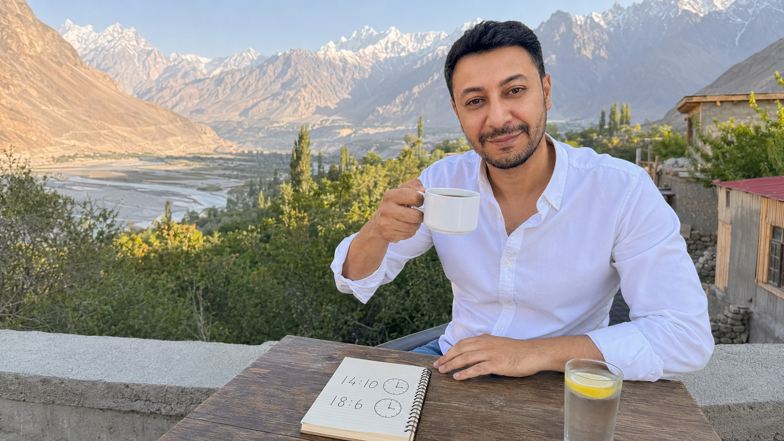 Shahbaz Ahmed founder of KetoFramework in a white shirt sitting outdoors in Gilgit-Baltistan at a morning table with black tea and a notepad showing intermittent fasting window times smiling directly at camera representing what is intermittent fasting and how it works as a beginner guide