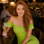Woman in an electric lime green Bardot dress at a stylish bar with a glass of dry white wine and sparkling water looking directly at camera representing the informed approach to alcohol on keto diet and how to enjoy low carb drinks on a ketogenic diet