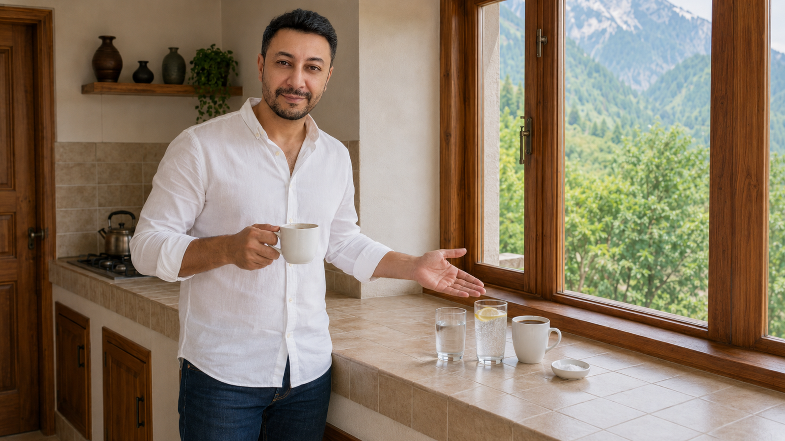 Shahbaz Ahmed founder of KetoFramework in a white shirt at his Gilgit-Baltistan kitchen counter holding a black tea and gesturing toward fasting window drinks including water sparkling water with lemon black coffee and sea salt smiling directly at camera representing what can you eat and drink while intermittent fasting